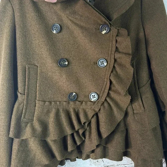 Anthropologie Elevenses Frilled Echelons Peacoat Size 4 Brown Ruffle Jacket Wool - Picture 4 of 8